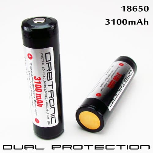 TWO PROTECTED 3100mAh 18650 (Industrial NCR18650A Panasonic Cell inside) Li-ion Rechargeable Orbtronic Battery Cells- DUAL Protection, Button Top, PCB- High Performance