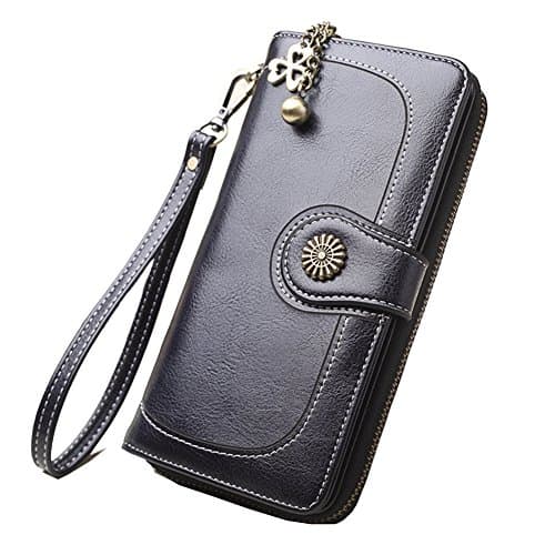 Women's RFID Blocking Large Capacity Leather Clutch Wallet with Wrist Strap