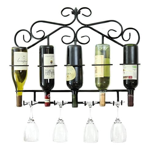 ProCore Products Metal Wine Rack Wall Mounted Holds 5 Bottle With Wine Glass Holders