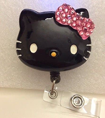 AYREELS 3D Black Hello Kitty Rhinestone W/ Pink Bow Retractable Reel / Name Badges / ID