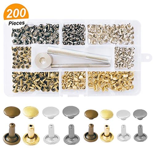 200 Sets Leather Rivets Double Cap Rivet Tubular Metal Studs with 3 Fixing Tool Kit for DIY Leather Craft Repairing Decoration,2 Sizes and 4 Colors (Gold, Silver, Gun-black, Bronze)