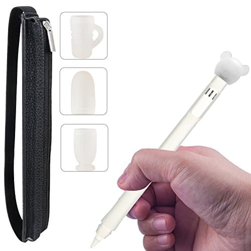 Ocathnon Case for Apple Pencil, Silicone Sleeve Holder Grip with 1 Mini Bear Cap, 3 Cartoon Protective Covers, Zippered Leather Case with Strap Compatible for iPad Pro 9.7 10.5 12.9 - Clear