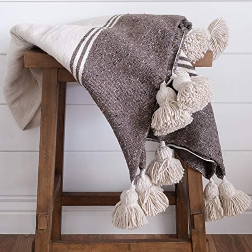 The Cozy Throw - Authentic Oatmeal & Chocolate Moroccan Chifa-Pom Pom Blanket for Couch, Sofa, or Bed, Modern Boho Design, (50”W X 58”L in. App.)