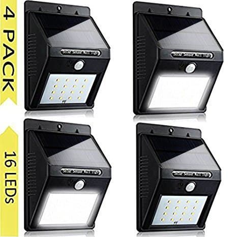 Solar Outdoor Security Lights, Sujonna Wireless Waterproof and Heatproof Motion Sensor Auto ON/Off 16 LED Wall Lights for Patio, Garden, Pathway, Fence, Deck, Yard, Driveway - 4 Pack