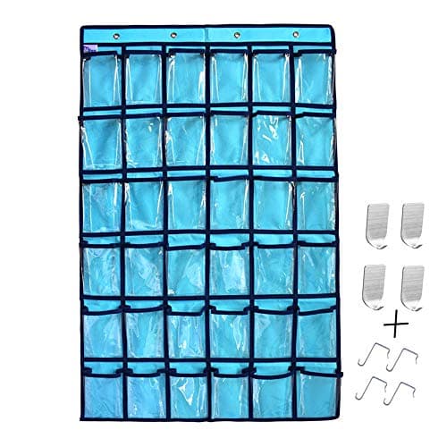 TOWSIX Classroom Pocket Chart, Clear Pocket for Cell Phone Calculator Holder Closet Underwear Sock Storage Wall Door Hanging Organizer for Classroom Office Home Storage, 36 Clear Pockets (Blue)