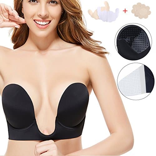 Gempack Deep U Plunge Invisible Push up Bra Sticky Strapless Backless Bra for Women Comfortable Reusable Silicone Bra (Black, D)
