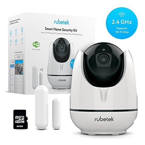 Rubetek WiFi Pan Tilt Home HD Security Camera-Indoor Wireless IP Security Surveillance DIY System Kit for Home Baby Pet Nanny Monitor with Free 32 GB Micro SD Card, 3 Pack Door Window WiFi Sensors