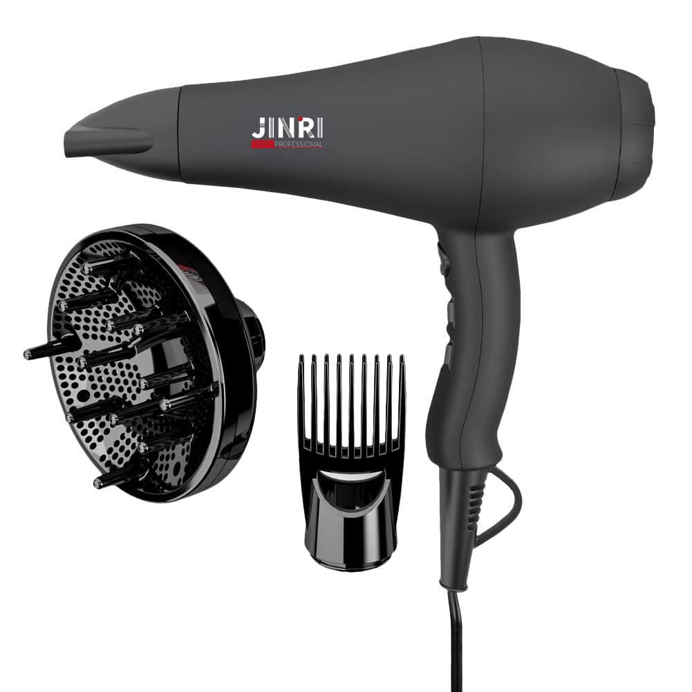 JINRI 2000W Professional Negative Ionic Hair Dryer, 3 Speeds 2 Heat Plus Cool Settings Blow Dryer with Powerful AC Motor, Long Cord hair dryer, Contain Attachment Concentrator, Black