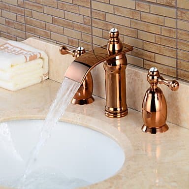 MENRYANG Contemporary Widespread Waterfall with Brass Valve Three Handles Three Holes for Rose Gold , Bathroom Sink Faucet