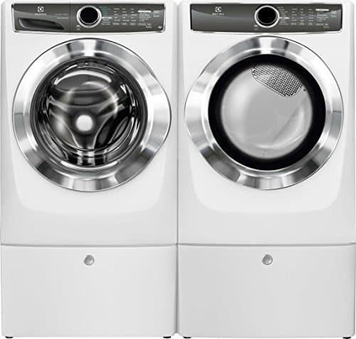 Electrolux Island White Front Load Laundry Pair with EFLS617SIW 27" Washer, EFME617SIW 27" Electric Dryer and 2 EPWD157SIW Pedestals