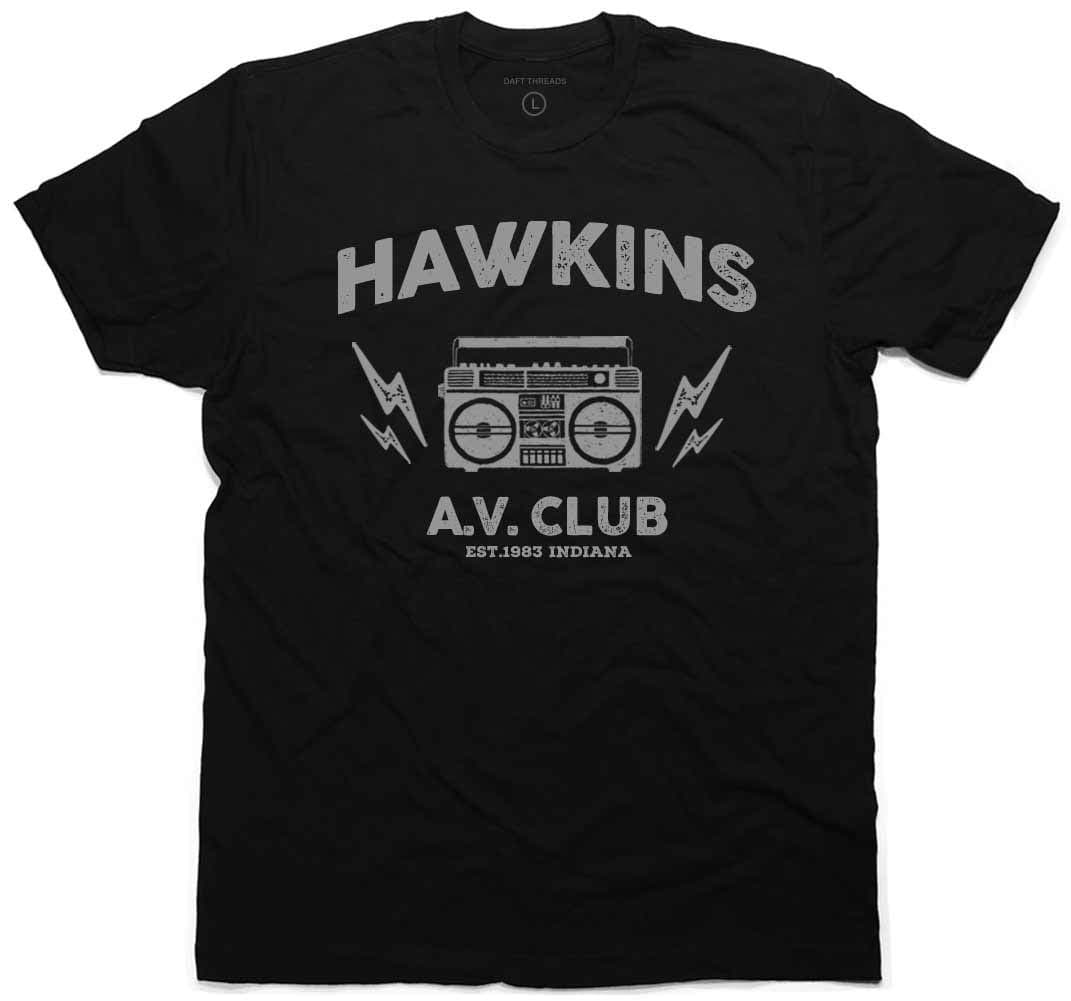 Daft Threads ~ Hawkins A.V. Club T-Shirt Stranger & Things Upside Down Sticker