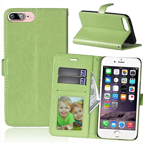 Yxim Simple 3card Soft Flip Fold Kickstand Luxurious Classy Pure Color PU Leather Premium Slim Cover With Credit ID Card Slots Wallet Case For iPhone 7 Pus / 8 Plus (Green)