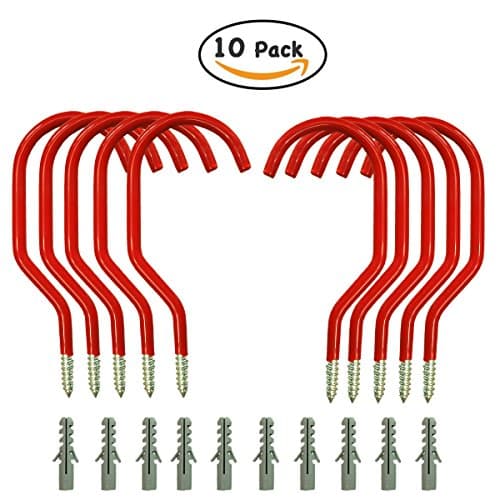 10 Pack Red Bike Hooks with 10 pack bolts, stainless steel bicycle Storage Hanger Wall Ceiling Mounted for Storage Room fit all type bikes easy on/off