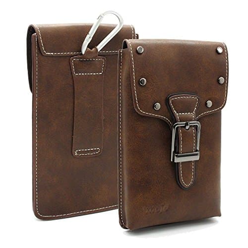 COFFEE Universal Rivets Cowboy Series Premium Leather Multi-function Belt Loop Case Holster Carrying Bag Pouch Two Pockets Inside With Metal Buckle