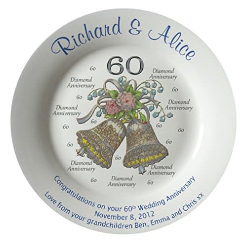 Personalized Bone China Commemorative Plate for A 60th Wedding Anniversary - Wedding Bells Design with A Plain Rim