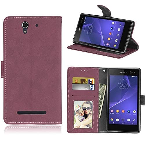 MGVV Retor Slim Fit Flip Leather Case [Kickstand Feature] PU Leather Wallet Case with 3 ID&CBrownit Cards Pocket & Kickstand Function for Sony Xperia C3