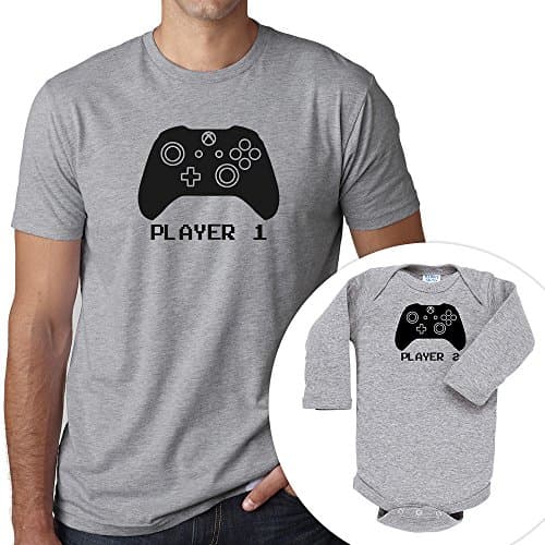 Vestys Matching Shirts Player 1 Player 2 Xbox Set Gray T-Shirt and Bodysuit Fathers Day (Medium/12 Months)