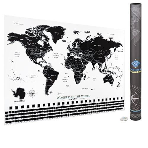 Scratch Off World Map | 24"x16" Travel Size | Smaller Premium Quality Stunning Black and White Minimalist Global Map With Vibrant Under-colors and Hidden Wonders of the World! Great for Home Schooling