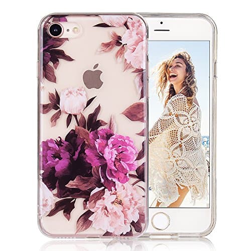 iPhone 8 case, iPhone 7 case, COSANO Floral Flower Clear Design Slim Fit [Hard PC Back + Shock Absorbing Soft Bumper] [Scratch-Resistant] Ultra Thin Transparent Protective Cover (Purple Peony 8)
