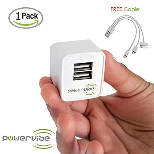 Dual USB Travel Wall Charger Bundle By PowerVibe Foldable Plug USB AC Universal Travel Adapter For Apple iPhone, IPad Android &amp; Tablets - FREE Universal USB Data Cable