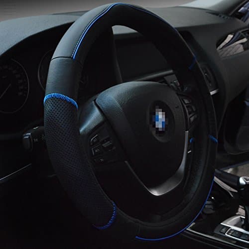 GripDrive Pro Top Leather Steering Wheel Cover Accent Stitching Ride Car Line- 15 Inch Emboss Comfort Grip (Black/Blue line)