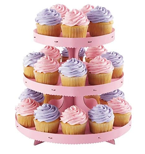 Cupcake Stand Cardboard Disposable 3 Tier Display Tower for Cupcakes, Cake Cones, or Pastries with Bonus Cupcake Decorating Set (Pink)