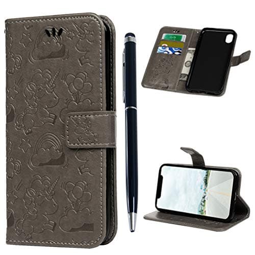 Edauto iPhone XR Case, iPhone Xr 6.1 inch 2018 Case Wallet Embossed Unicorn Leather Cover Kickstande Card Slot Shockproof Bumper Magnetic Closure Shell Skin Stylus Pen for iPhone XR 6.1'' - Gray