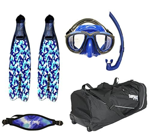 Sopras Sub Scuba Diver Package with New Travel Rolling Bag Modular CAMO Fins Detachable Blade Size Medium Mares Tana Mask Mares Dual Snorkel DXDiver Neoprene Mask Strap Blue freediving luggage scuba