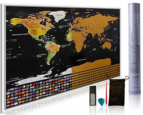 Harman Products Luxury Scratch Off World Map, Includes Scratcher Pen, Guitar Pick, Card Magnifier and Accessory Pouch. Perfect Gift For People Travelling. Includes Unique Design With USA & 252 Flags.