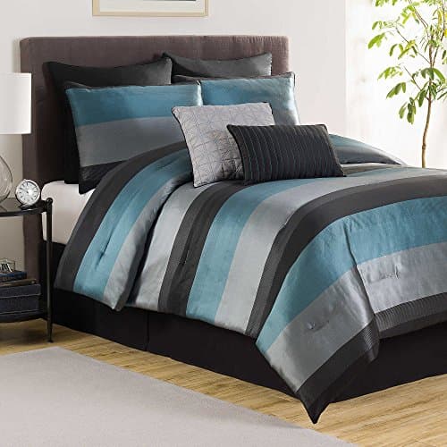Hudson Elegant Luxury Striped Quilted Patchwork Jacquard Aqua/Grey Bedding 8 Piece Bed in a Bag Comforter Set, FULL