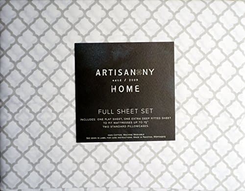 Artisan NY Bedding 4 Piece Cotton Full Sheet Set Deep Pockets Gray Geometric Lattice Trellis Moroccan Quatrefoil Pattern on White