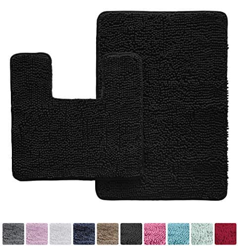 Kangaroo Original Shaggy Chenille Bathroom 2 Piece Rug Set Includes Contour Toilet Mat and 30x20 Carpet Mat, Machine Wash/Dry Mats, Absorbent, Plush Rugs for Kids Tub, Shower & Bath Room (Black)