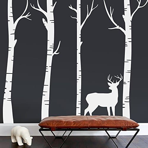 Set 4 Large Birch Tree Wall Decal Araneao Forest Kids Vinyl Sticker Removable Trees for Living Room Decor Animals Art Decoration White