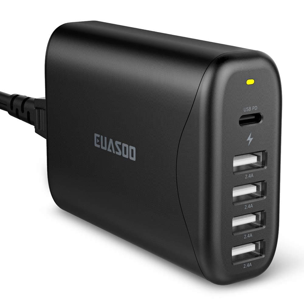 USB C Charger, USB PD Charger, EUASOO Power Delivery 3.0 60W Multi USB 5 Ports Wall Charger Station One Type C Port for iPhone X/8/8 Plus, iPad, MacBook, Samsung Galaxy S8/S8 Plus/Note 8 & More