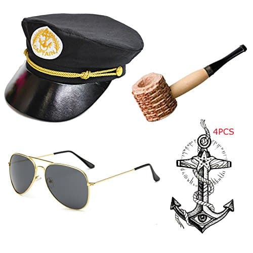 Yacht Captain & Sailor Costume Set - Hat,Corn Cob Pipe,Aviator Sunglasses,Vintage Anchor Temporary Tattoo