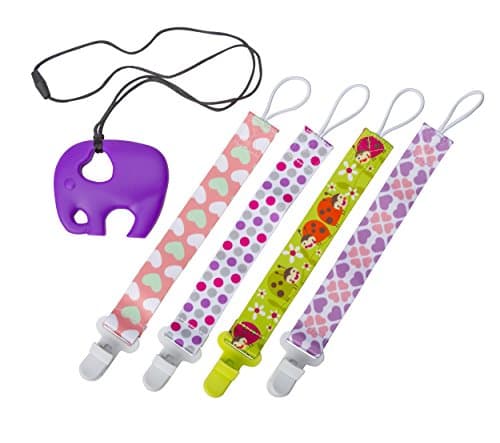 Plastic Pacifier loop Clip Holder for Girls | 4 Pack- Binkie Clips WITH Teething Toy | Baby Teething Necklace | Fun Baby Shower Gift Set