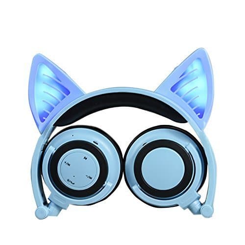 Headphones with Bluetooth &amp;Microphone Wireless/Wired Over Ear Cat Ear Headphones Flashing Glowing Headphones Foldable with LED Flash light for iPhone 7/6S/iPad,Android,Mp3,Mp4 player,Gifts for kids.