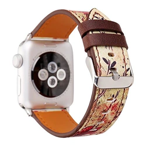 MagicFeel Retro Floral Printed Series Soft Leather Replacement Strap Wrist Watch Band Compatible for 38MM Apple Watch iwatch Series 1 Series 2 Series 3 (Retro Flower Red-38MM)