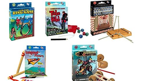 Cabin Fever Game Bundle - 5 Games in One Set - Take a Hike, Ring On A String, Sligshot Flyers, The Mysterious Balancing Nail Puzzle, and Rubberband Roadster