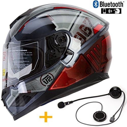 Bluetooth Pre-Installed Motorcycle Helmet: IV2 Falcon Series High Performance Dual Visor Full Face Motorcycle Street Bike Helmet [DOT] Bluetooth Combo (Mech Gloss, XL)