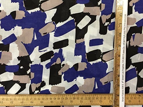 100% rayon challis. Pastel grey, licorice and blue print. 60 inches wide. Fabric by the yard
