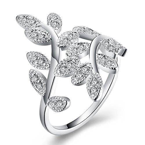Ekavtor Silver Plated Olive Leaf Rings White Rhinestone Copper Ring Elegant and Peace Theme