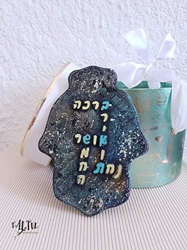 Handmade hamsa home wall decor art hanging style mixed media, judaica israel hebrew art, home decor gift, steampunk scrap and craft, colors black silver blue.