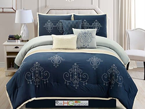 7-Pc Chandelier Scroll Damask Embroidery Pleated Comforter Set Blue Light Gray Ivory King