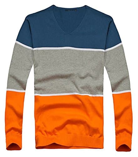 Tophaz Men's Stylish Slim Knitted Basic V Neck Sweater Thin Striped Pullover SW17, Orange Large