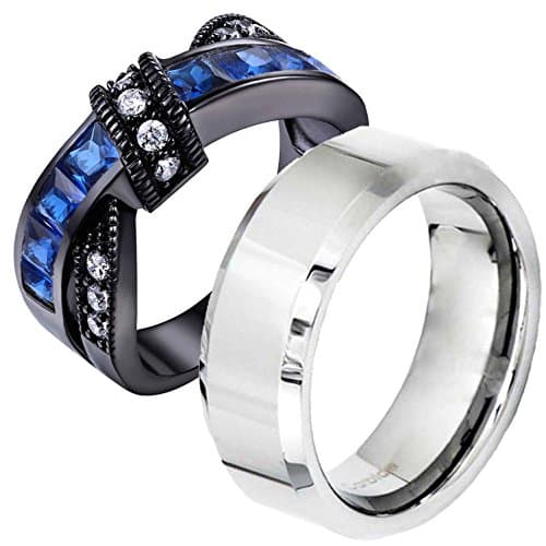 His Hers Black Stainless Steel Blue Created-Sapphire & Beveled Edge Band Wedding Engagement Ring Sets TKJ