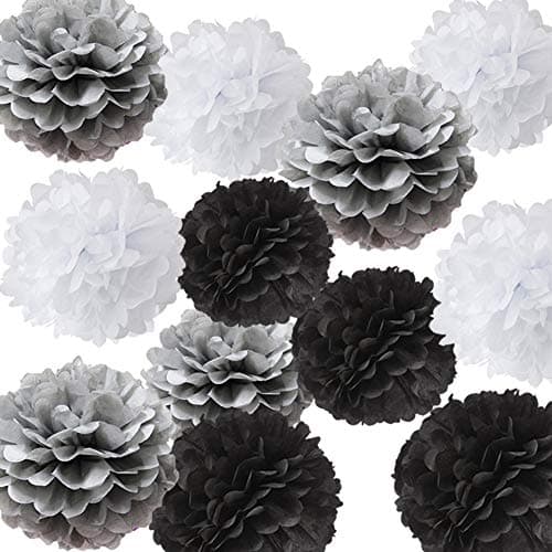 12pcs White Grey Black Tissue Paper Pom Pom Tissue Paper Balls Hanging Party Decoration Paper Flower Ball Decoration Tissue Ball Paper Decoration for Baby Shower Nursery Decor Party Favors