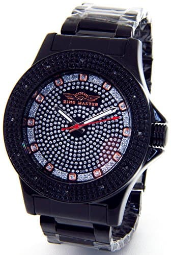 King MasterMens Super Techno Genuine Real Diamond Watch Black Case Metal Band #KM-686