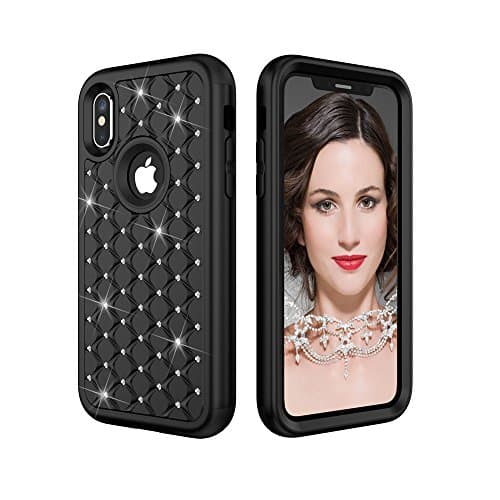 iphone x case, NAKA Bling Diamond Rhinestone heavy duty 3 in 1 hybrid shockproof case Protective soft inner silicone + outer hard pc Cover Case for iphone x (2017) Diamond Black