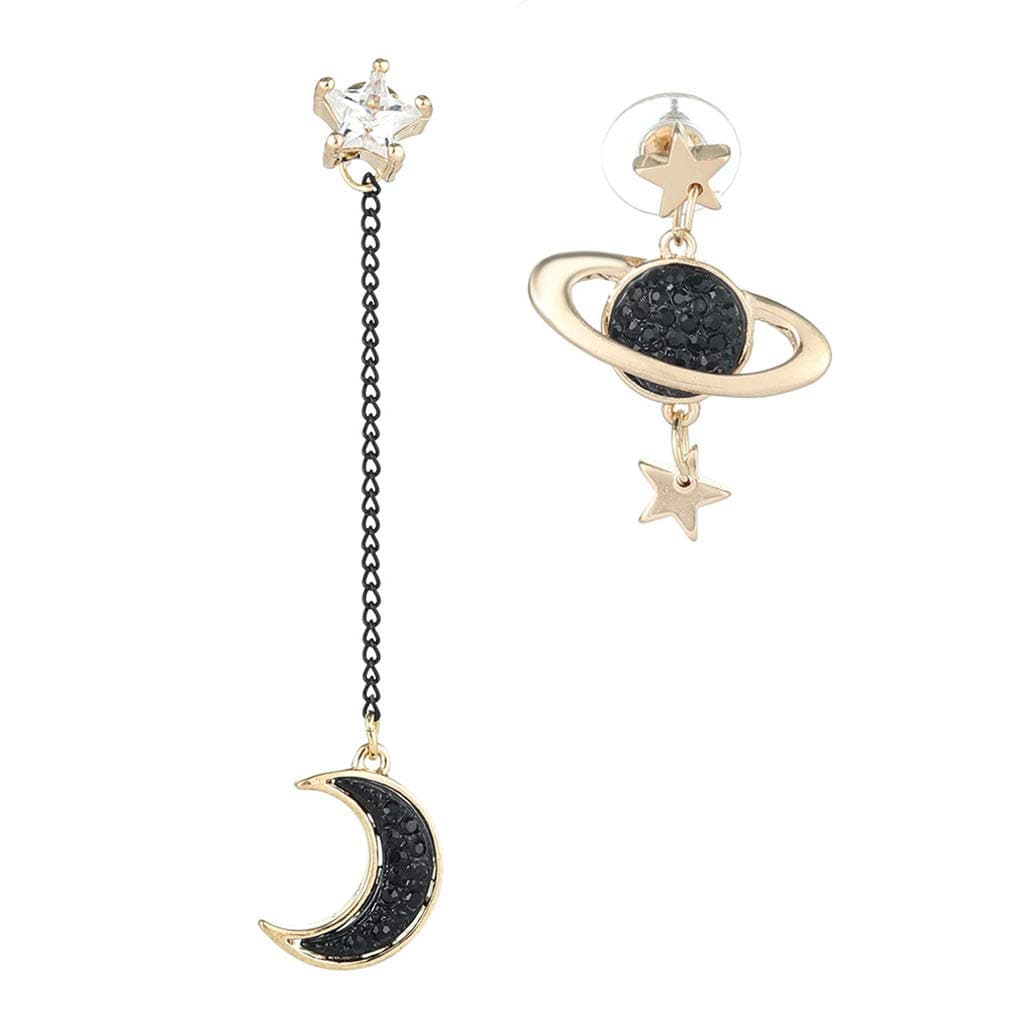 Dreamy Planet Element Earrings Asymmetrical Moon and Star Personality Stud Earrings Long Drop Earrings for Women Tassel Design Fashion Jewelry
